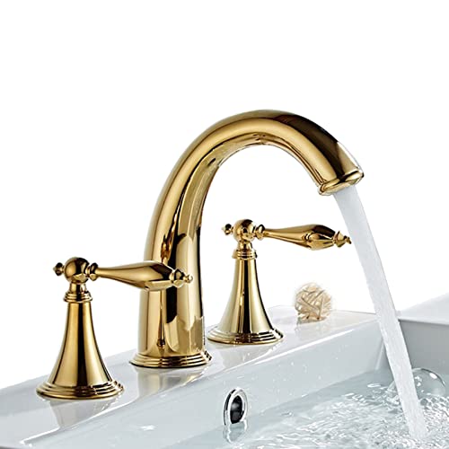 Natudeco Doppelgriff-Wasserhahn Drei-Loch-Badezimmerarmatur Kupfer Weit verbreiteter Badarmatur Trim Kit Ventil Europäischer Stil Waschbecken Wasserhahn(Gold) von Natudeco