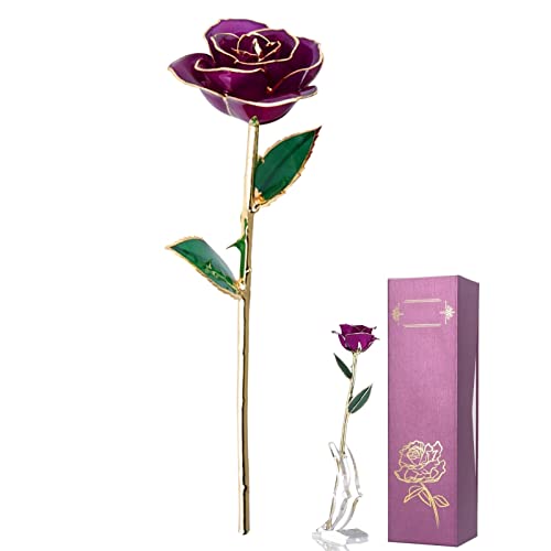 Natudeco In Gold getauchte Rose 24 Karat vergoldete Rosenblume Echte lila konservierte Blumengeschenke mit Basis für Valentinstag, Jahrestag, Hochzeit von Natudeco