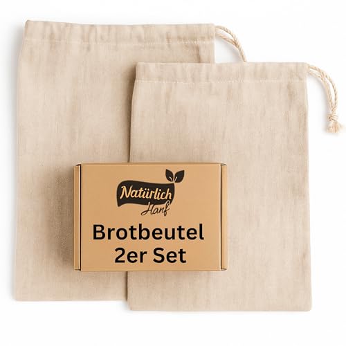 Natürlich Hanf® Brotbeutel 2er Set | Leinenbeutel aus 100% Naturhanf | Brotsack zum Frischhalten | wiederverwendbare Brötchentüten Größe: 30x40 cm von Natürlich Hanf