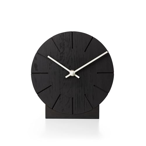 Natuhr Funkuhr Wanduhr Schwarze Tischuhr matt Eiche Holz - Boom - geräuscharm Massivholz Design ø17 cm (Eiche matt geschwärzt, weiße Zeiger, Quarzuhrwerk) von Natuhr