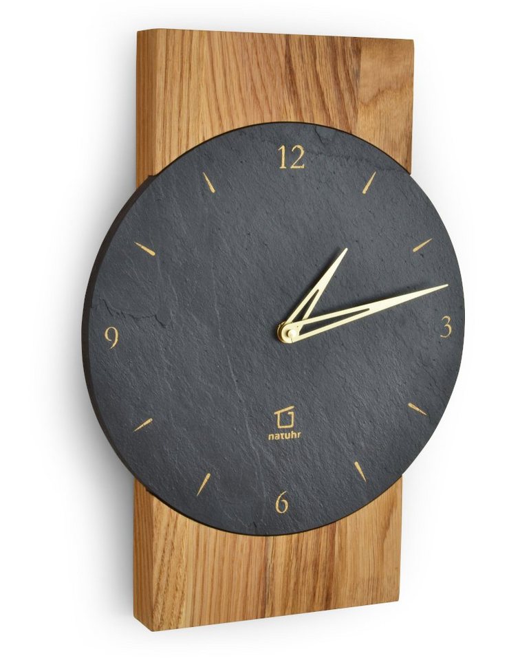 Natuhr Funkwanduhr Natuhr Wanduhr - Steineiche - Holz Eiche Schiefer Stein geräuscharm (geräuscharmes Quarz-Uhwerk oder ganggenaues Funkuhrwerk) von Natuhr