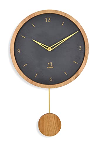 Natuhr Moderne Pendeluhr – Swing Modern – Holz Eiche geölt mit Schiefer 24 cm Durchmesser – Funk-Uhrwerk von Natuhr