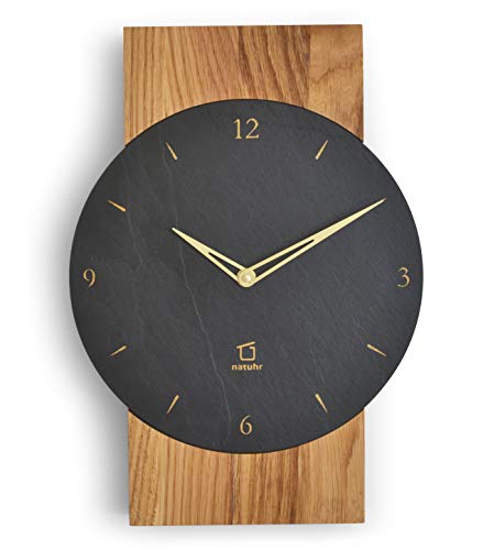 Natuhr Schiefer Wanduhr - Steineiche - Holz Eiche Stein geräuscharm Wohnzimmer Holzuhr Made in Germany (Dunkler Schiefer - Eiche geölt, Funk-Uhrwerk) von Natuhr