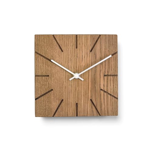 Natuhr Wanduhr Tischuhr Eiche Holz - Beam - geräuscharm Massivholz Design 17 x 17 cm (Räuchereiche Weiße Zeiger, Quarzuhrwerk) von Natuhr