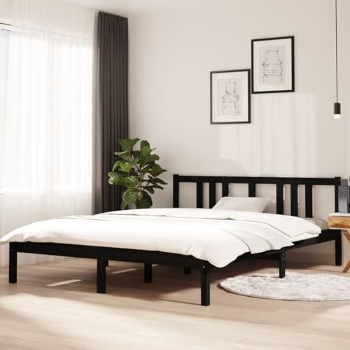 Natulvd 150x200 cm kleines Queensize-Plattform-Bettgestell mit Kopfteil, Kiefernholz-Bettgestell mit stabiler Holzlattenstütze, kein Boxspringbett erforderlich, für die meisten Matratzen (Schwarz) von Natulvd
