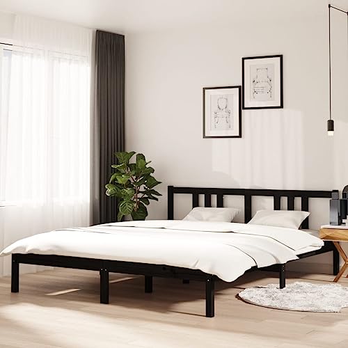 Natulvd 160x200 cm Queensize-Plattform-Bettgestell mit Kopfteil, Kiefernholz-Bettgestell mit stabiler Holzlattenstütze, kein Boxspringbett erforderlich, für die meisten Matratzen (Schwarz) von Natulvd