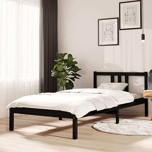 Natulvd 90x200 cm kleines Einzelbettgestell mit Kopfteil, Kiefernholz-Bettgestell mit stabiler Holzlattenstütze, kein Boxspringbett erforderlich, für die meisten Matratzen (Schwarz) von Natulvd