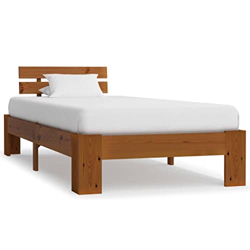 Natulvd Bettgestell - Massivholz Kiefer Bett für 90x200 cm Matratze - stabiles Bettgestell mit Lattenstütze & Kopfteil Honigbraun von Natulvd