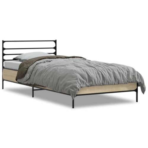 Natulvd Braunes Metallrahmenbett, industrielles Plattformbettgestell mit Linienkopfteil, Lattenbett passt für Jugendliche/Erwachsene (kleines Einzelbett, 90 x 200 cm) von Natulvd
