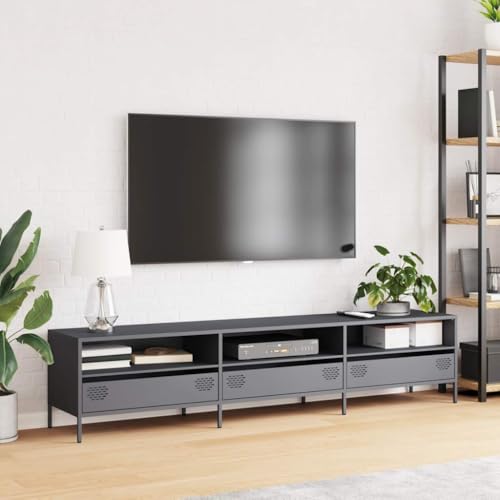 Natulvd Breiter TV-Standschrank mit 3 großen Schubladen, Stahlschrank TV-Einheit für bis zu 85 Zoll Fernseher mit offenen Fächern, 202 cm Industrie-TV-Schrank (Anthrazit) von Natulvd