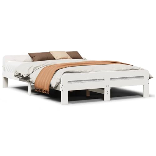 Natulvd Doppelbett Bettgestell 140x200 cm Vollholzbett 27 cm Höhe Holzplattformbett Bettgestell mit kurzem Kopfteil & Fußteil (Weiß) von Natulvd