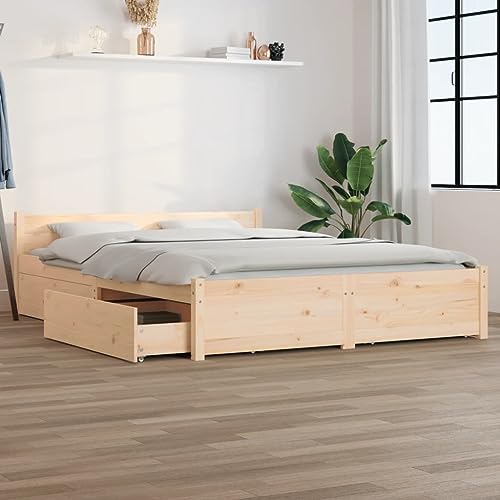 Natulvd Doppelbett Bettgestell 140x200 cm mit 4 großen Schubladen und Kopfteil Holzlattenstütze Einfache Montage Braun von Natulvd