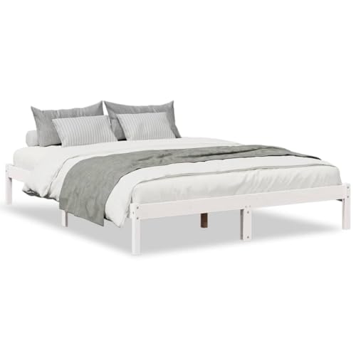Natulvd Einfache Plattform-Bettrahmen mit Stauraum unter dem Bett, 140 x 220 cm, Doppelbett, Kiefernholz, stabiles Plattform-Bettgestell mit Lattenstütze, Weiß von Natulvd