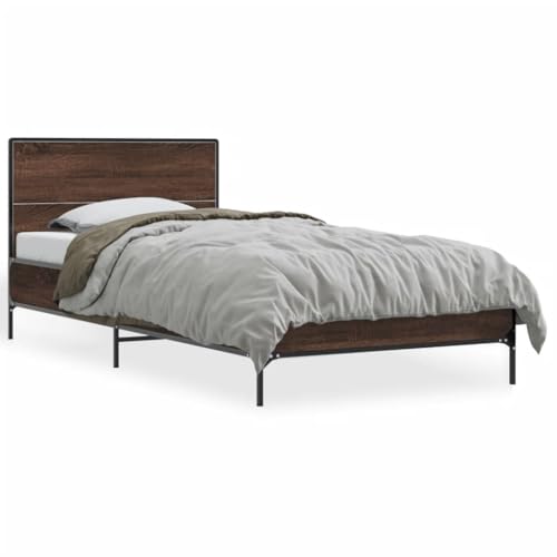 Natulvd Einzelbett 100x200 cm Rustikales Plattform-Bettgestell mit vollem Kopfteil, Metallrahmen, Lattenbett passt für Jugendliche/Erwachsene (Braun Eiche) von Natulvd
