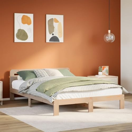 Natulvd Holz Bettgestell - 27 cm Höhe - Für 140x200 cm Matratze - Holz Plattformbett Bettgestell mit Kopfteil - Kein Boxspring Benötigt (Doppelbett, Braun) von Natulvd