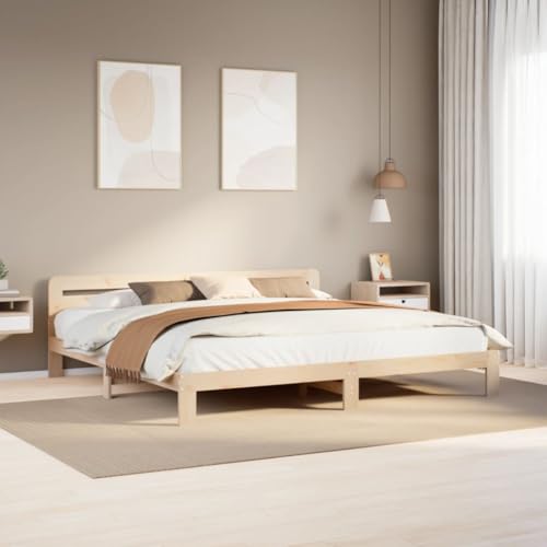 Natulvd Holzbettrahmen - 27 cm Höhe - für 200x200 cm Matratze - Holzplattformbettgestell mit Kopfteil, kein Boxspringbett erforderlich (Super King, Braun) von Natulvd