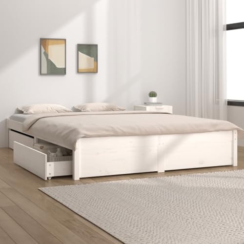 Natulvd Holzbettrahmen mit unter großen Schubladen, 140 x 200 cm, Massivholz, Plattform-Bettgestell mit Lattenstütze, kein Boxspringbett erforderlich (Weiß) von Natulvd