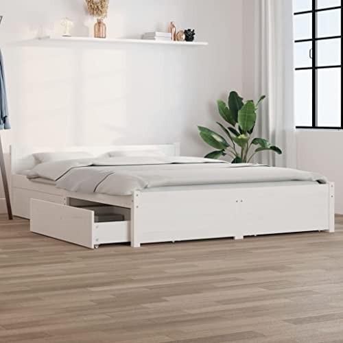 Natulvd Kleines Doppelbett Bettgestell 120x200 cm mit 4 großen Schubladen und Kopfteil Holzlattenstütze Einfache Montage Weiß von Natulvd