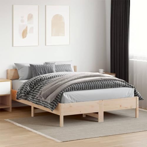 Natulvd Kleines Doppelplattform-Bettgestell mit Kopfteil aus Holz, Bettrahmen aus massivem Kiefernholz mit extra Beinstütze, kein Boxspringbett erforderlich (120x200 cm, Braun) von Natulvd
