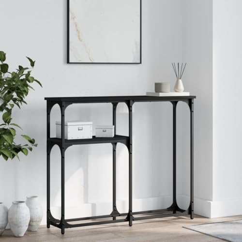 Natulvd Konsolentisch mit 3 Ebenen, schmal, 23 m tief, rustikaler Sofa-Beistelltisch mit Metallbeinen, Flur, Eingangsbereich, Heimdekoration, 90 x 22,5 x 75 cm (schwarz) von Natulvd