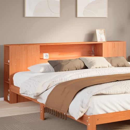 Natulvd Kopfteil aus Holz, 82 cm Höhe, Bücherregal-Stil, Kopfteil mit offenen Regalen & Seitenablagen für Full/Queen/King Size, Wachsbraun (206 x 82 cm) von Natulvd