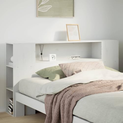 Natulvd Kopfteil aus Holz, 82 cm Höhe, Bücherregal-Stil, Kopfteil mit offenen Regalen & seitlichen Ablagen für Full/Queen/King Size, Weiß (166 x 82 cm) von Natulvd