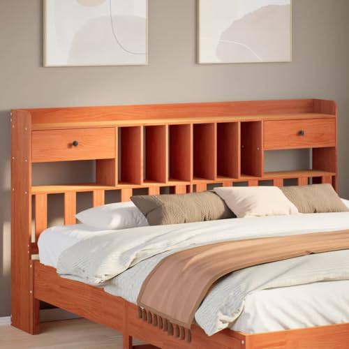 Natulvd Kopfteil aus Holz mit 2 Schubladen, tiefes Kopfteil im Bücherregal-Stil mit offenen Regalen für Full/Queen/King Size, Wachsbraun (206 x 110 cm) von Natulvd