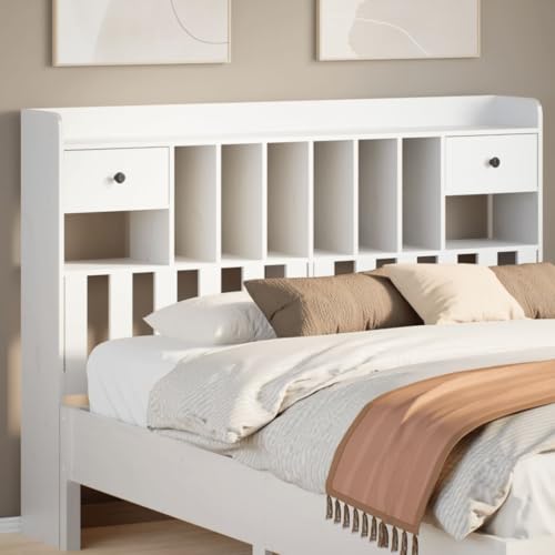 Natulvd Kopfteil aus Holz mit 2 Schubladen, tiefes Kopfteil im Bücherregal-Stil mit offenen Regalen für Full/Queen/King Size, Weiß (166 x 110 cm) von Natulvd