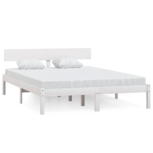 Natulvd Plattform-Bettgestell, Queen-Size mit rustikalem, einfachem Holzkopfteil, starke Lattenstütze, kein Boxspringbett erforderlich (160 x 200 cm, Weiß) von Natulvd