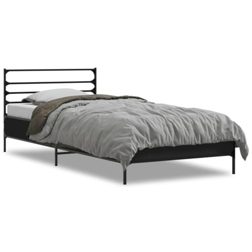 Natulvd Schwarzes Metallrahmenbett, industrielles Plattformbettgestell mit Linienkopfteil, Lattenbett passt für Jugendliche/Erwachsene (kleines Einzelbett, 90 x 200 cm) von Natulvd