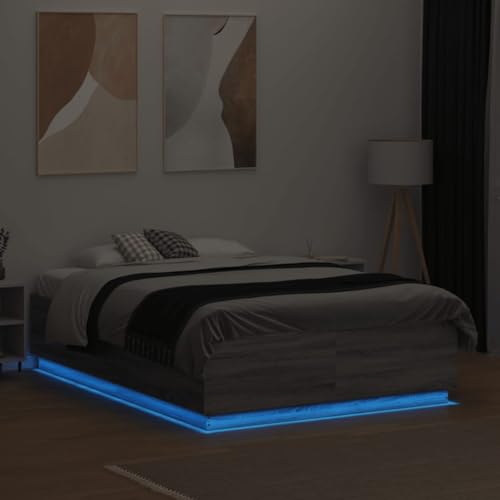 Natulvd Simple Bettgestell mit LED-Lichtern, kleines Doppelbett, 120 x 190 cm, einfaches Plattformbett mit Lattenstütze, kein Boxspringbett erforderlich (Graue Eiche) von Natulvd