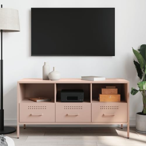 Natulvd TV-Einheit Schrank Ständer für 40 45 Zoll Fernseher, Stahl Sideboard Entertainment für Wohnzimmer mit 3 Schubladen und Regal (Rosa) von Natulvd