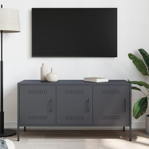 Natulvd TV-Ständer Schrank für 40 45-Zoll-Fernseher, 100 cm Stahl-TV-Einheit, TV-Konsolentisch mit 3 Türen, Entertainment-Center mit Beinen für Wohnzimmer, Schlafzimmer (Anthrazit) von Natulvd