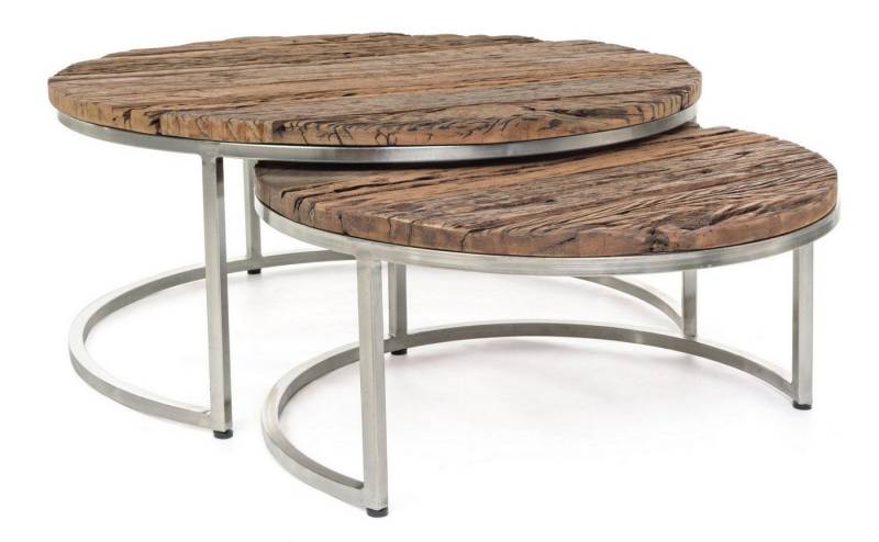 Natur24 Beistelltisch Beistelltisch 2er Set Rafter Stahlgestell Silber recycelte Holzplatte von Natur24