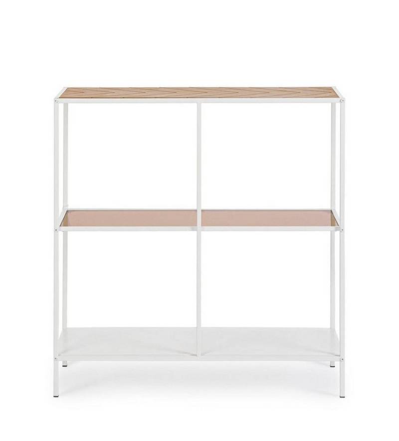 Natur24 Beistelltisch Haldor Konsolentisch 82 x 33 x 85 cm Stahl Glas MDF Gummiholz Weiß von Natur24