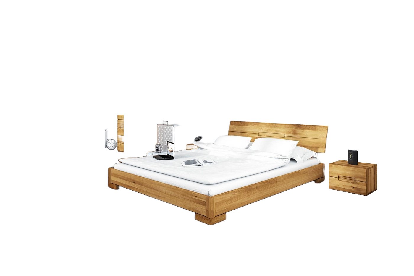 Natur24 Bett Bett Bento 5 Sonderlänge 200x220 Wildeiche Holzkopfteil und Holzbeine von Natur24