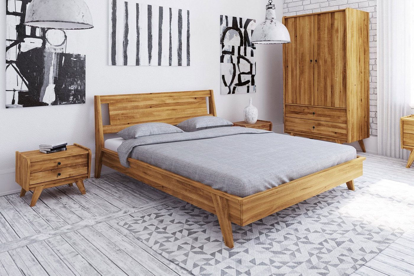 Natur24 Bett Bett Jetro 2 Sonderlänge 180x220 Wildeiche Holzkopfteil und Holzbeine von Natur24