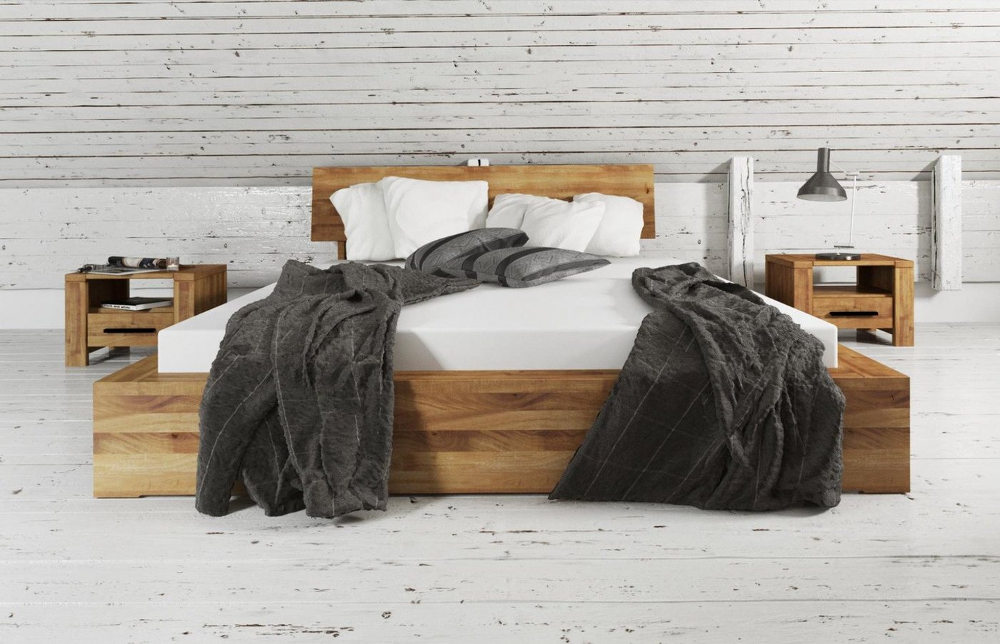 Natur24 Bett Bett Lubic 2 Sonderl 200x210 Wildeiche Holzkopfteil und Holzfußgestell von Natur24