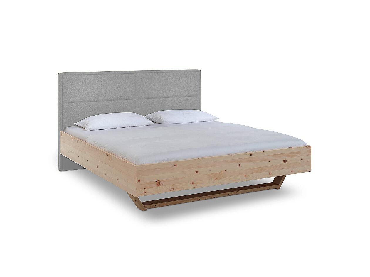 Natur24 Bett Luganox Bett aus Zirbe massiv 200x200 cm mit Stoffkopfteil Grau von Natur24