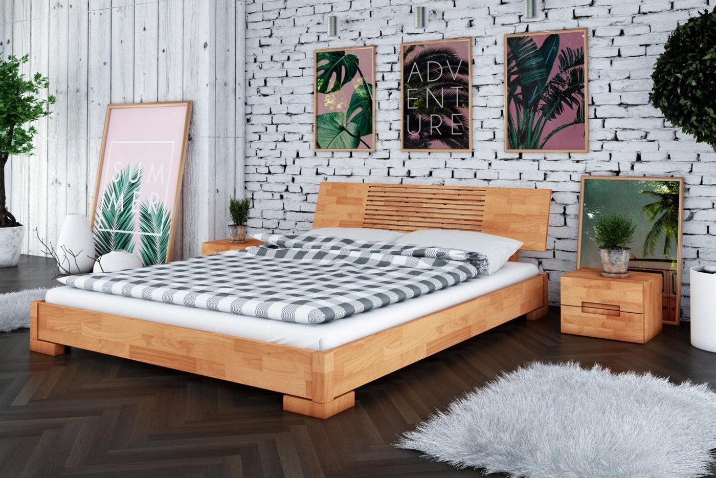 Natur24 Einzelbett Bett Bento 11 Kernbuche massiv 80x200 mit Holzkopfteil und Holzbeinen von Natur24