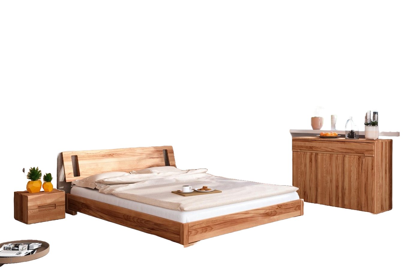 Natur24 Einzelbett Bett Bento 12 Sonderlänge 140x220 Kernbuche Holzkopfteil und Holzbeine von Natur24