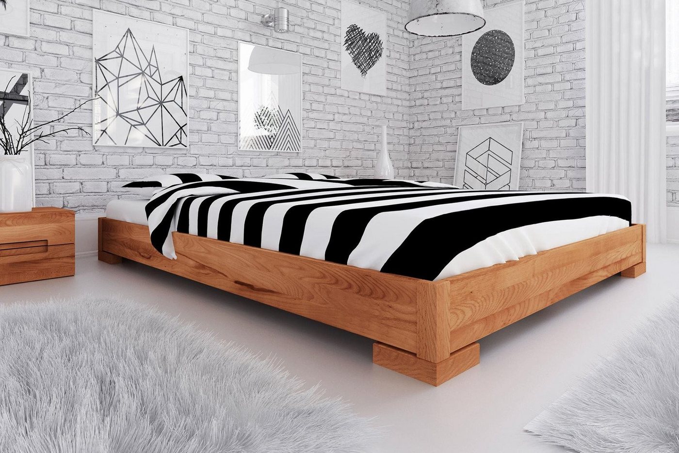Natur24 Einzelbett Bett Bento 2 Kernbuche massiv 140x200cm ohne Kopfteil mit Holzbeinen von Natur24