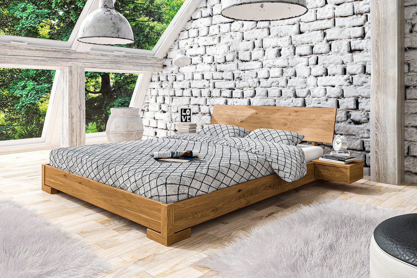 Natur24 Einzelbett Bett Bento 3 Wildeiche massiv 140x200 mit Holzkopfteil und Holzbeinen von Natur24