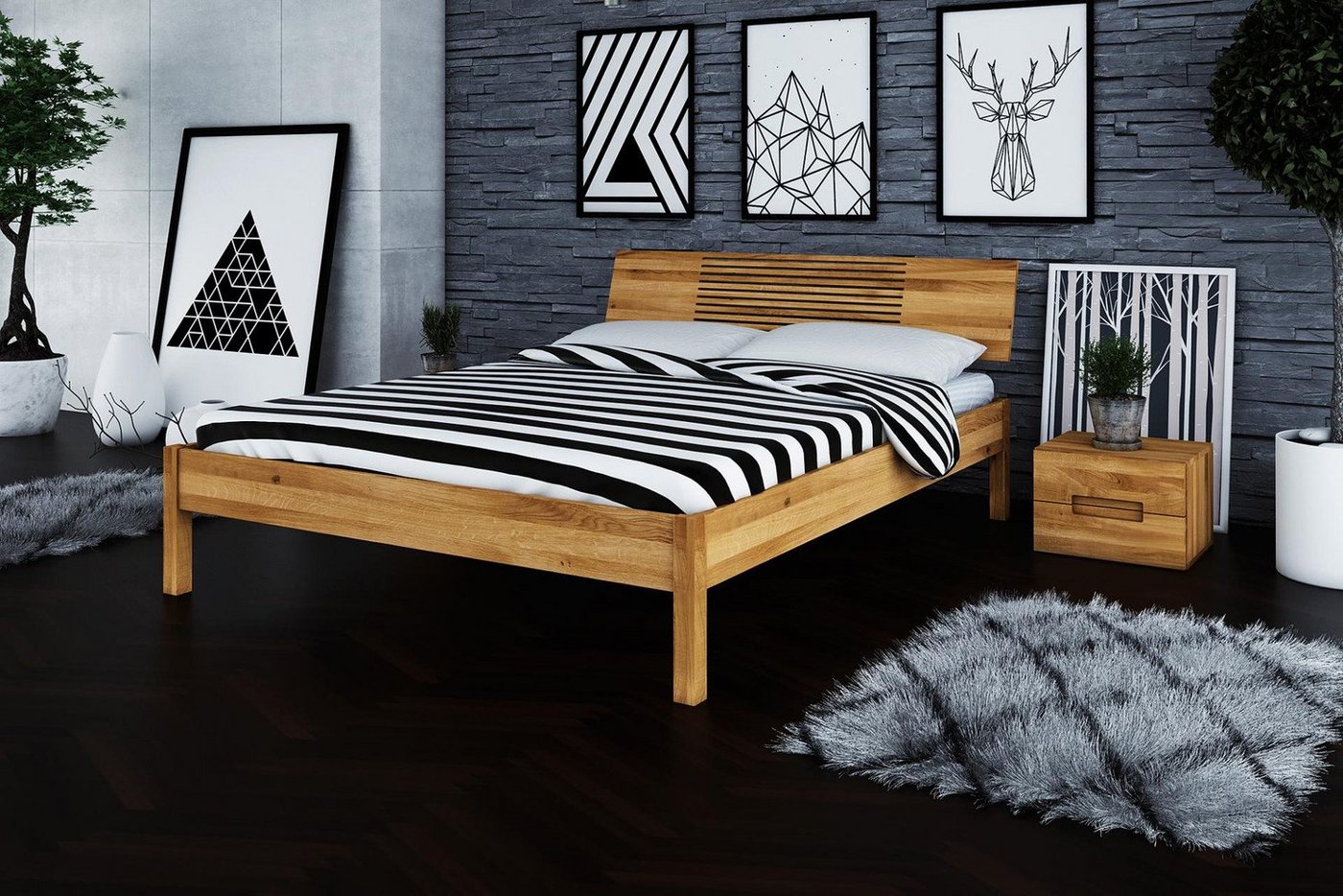 Natur24 Einzelbett Bett Bento 6 Wildeiche massiv 140x200 mit Holzkopfteil und Holzbeinen von Natur24