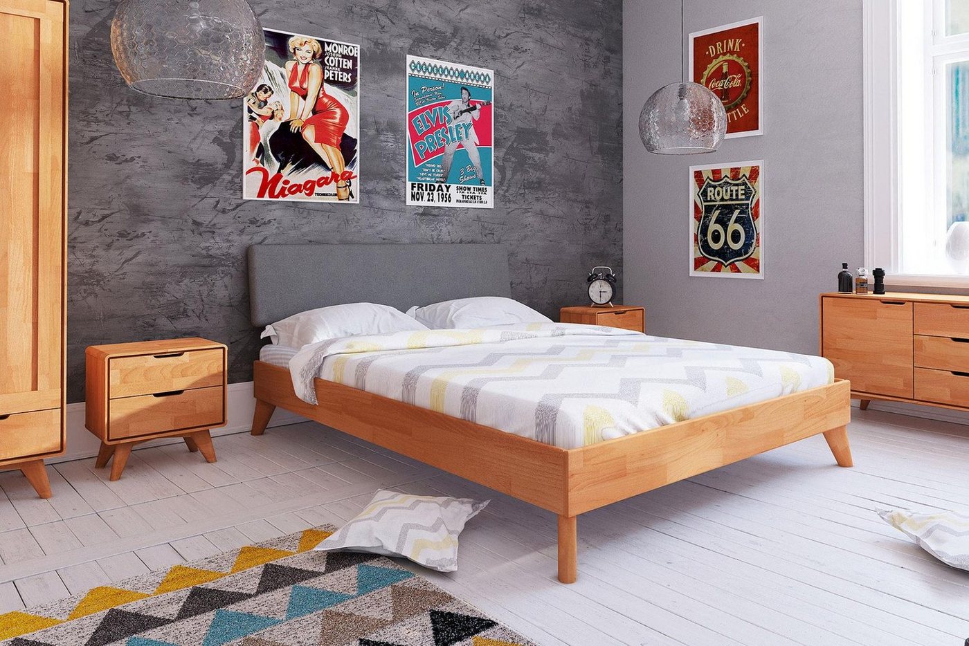 Natur24 Einzelbett »Bett Gerg 4 aus Kernbuche massiv 80x200 cm mit Polsterkopfteil und Holzbeinen« von Natur24