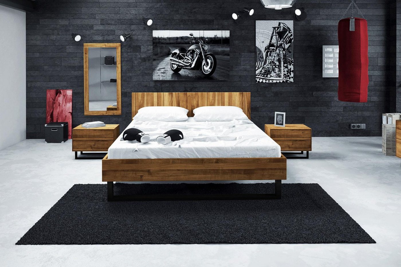 Natur24 Einzelbett Bett Leeds Sonderlänge 160x220 Wildeiche Holzkopfteil und Metallkufen von Natur24