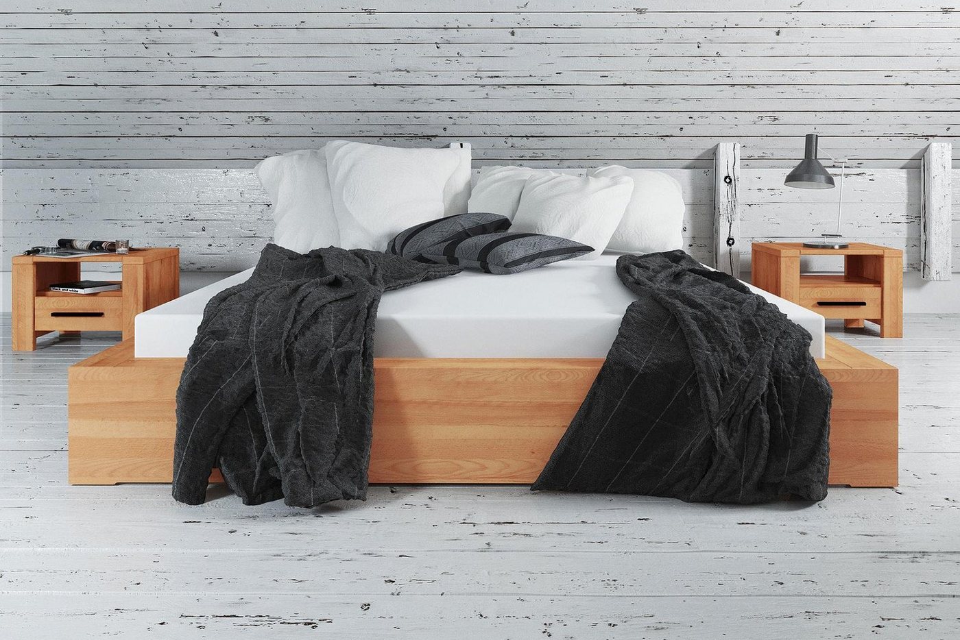 Natur24 Einzelbett Bett Lubic 3 Kernbuche massiv 140x200 ohne Kopfteil mit Holzfußgestell von Natur24