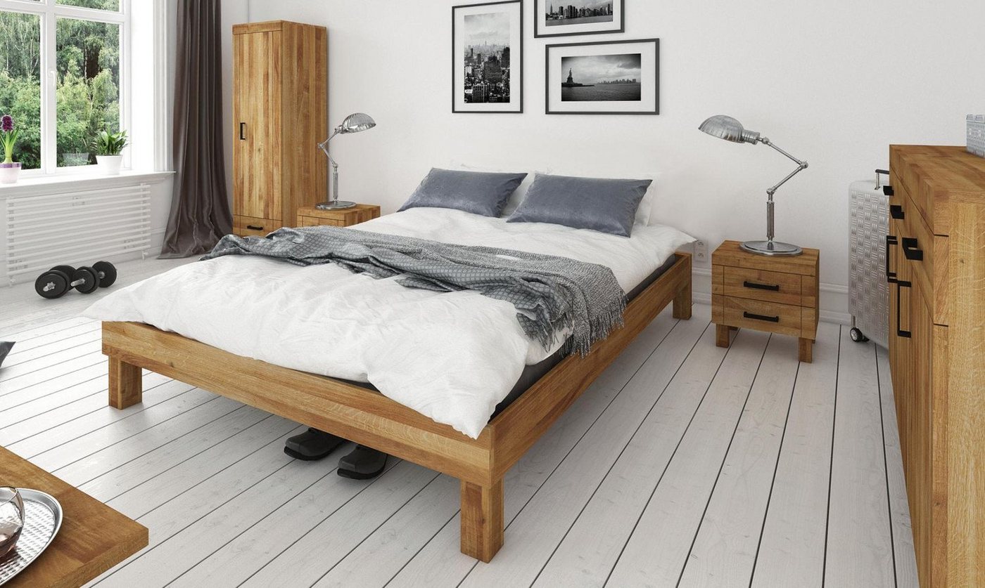 Natur24 Einzelbett Bett Ringo 2 Sonderlänge 120x210 Wildeiche o. Kopfteil mit Holzbeinen von Natur24