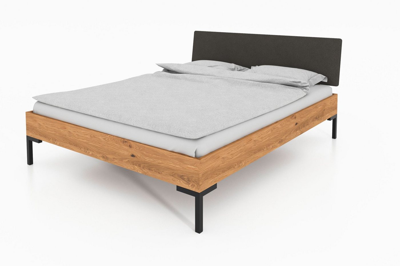 Natur24 Einzelbett Bett Seiba 1 Wildeiche 140x200 Polsterkopfteil Grau und Metallbeine von Natur24