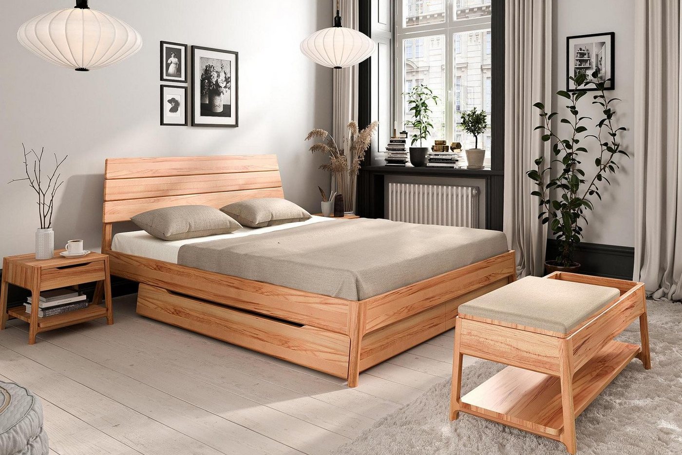 Natur24 Einzelbett Bett Swig 1 Sonderlänge 160x210 Kernbuche Holzkopfteil und Holzbeine von Natur24